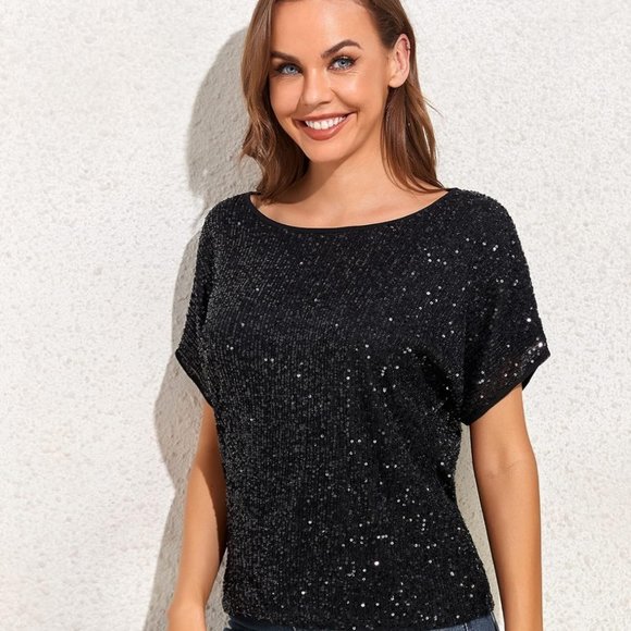 PrettyGuide Women's Sz L Sparkly Sequin Top Short Sleeve Glitter Loose Party - Picture 3 of 5